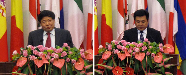 国家财政部部长助理朱光耀先生（左）、国家环境保护部副部长吴晓青先生会上发表讲话